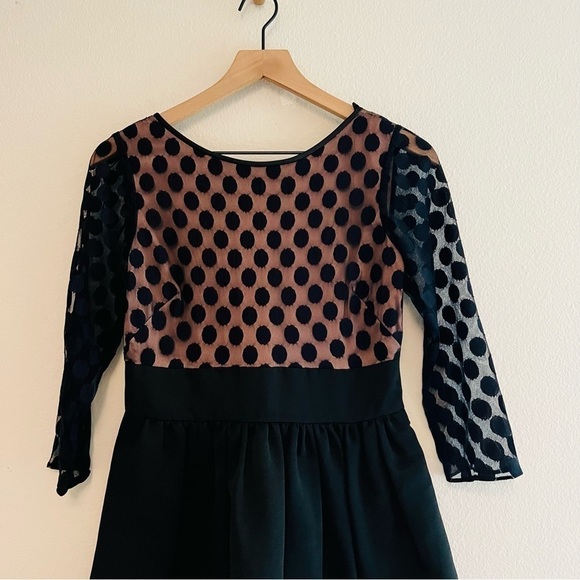ELIZA J Black Mesh Polka Dot Top 3/4 Sleeve Mini Dress Size 4 - Picture 4 of 7